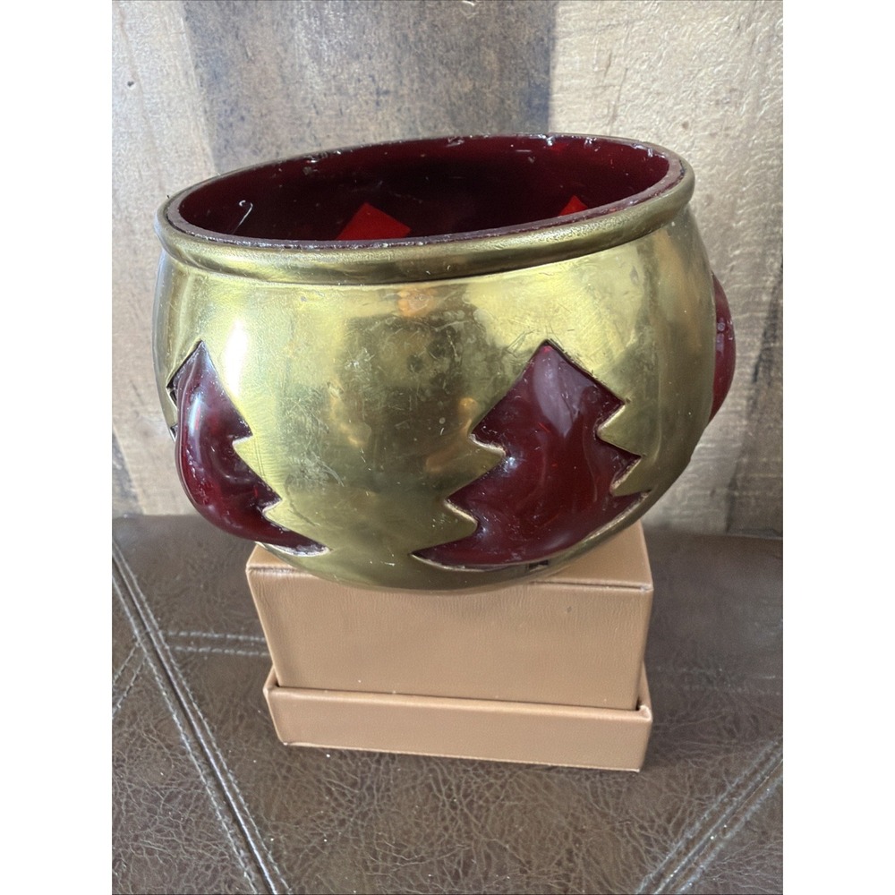 Vintage Brass Ruby Red Glass Christmas Tree‎ Votive Candle Holder Bowl 5.5"